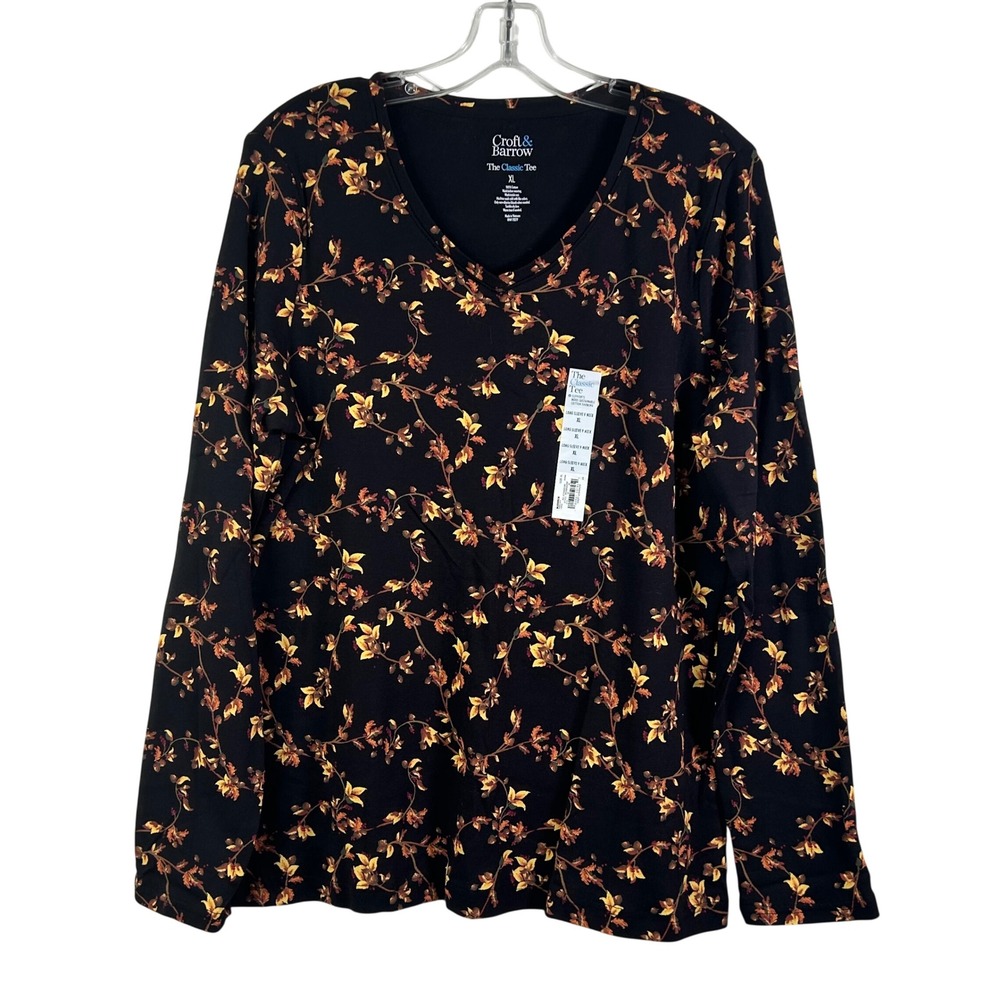 Croft & Barrow The Classic Tee Womens XL Black Floral V-Neck Long Sleeve Shirt